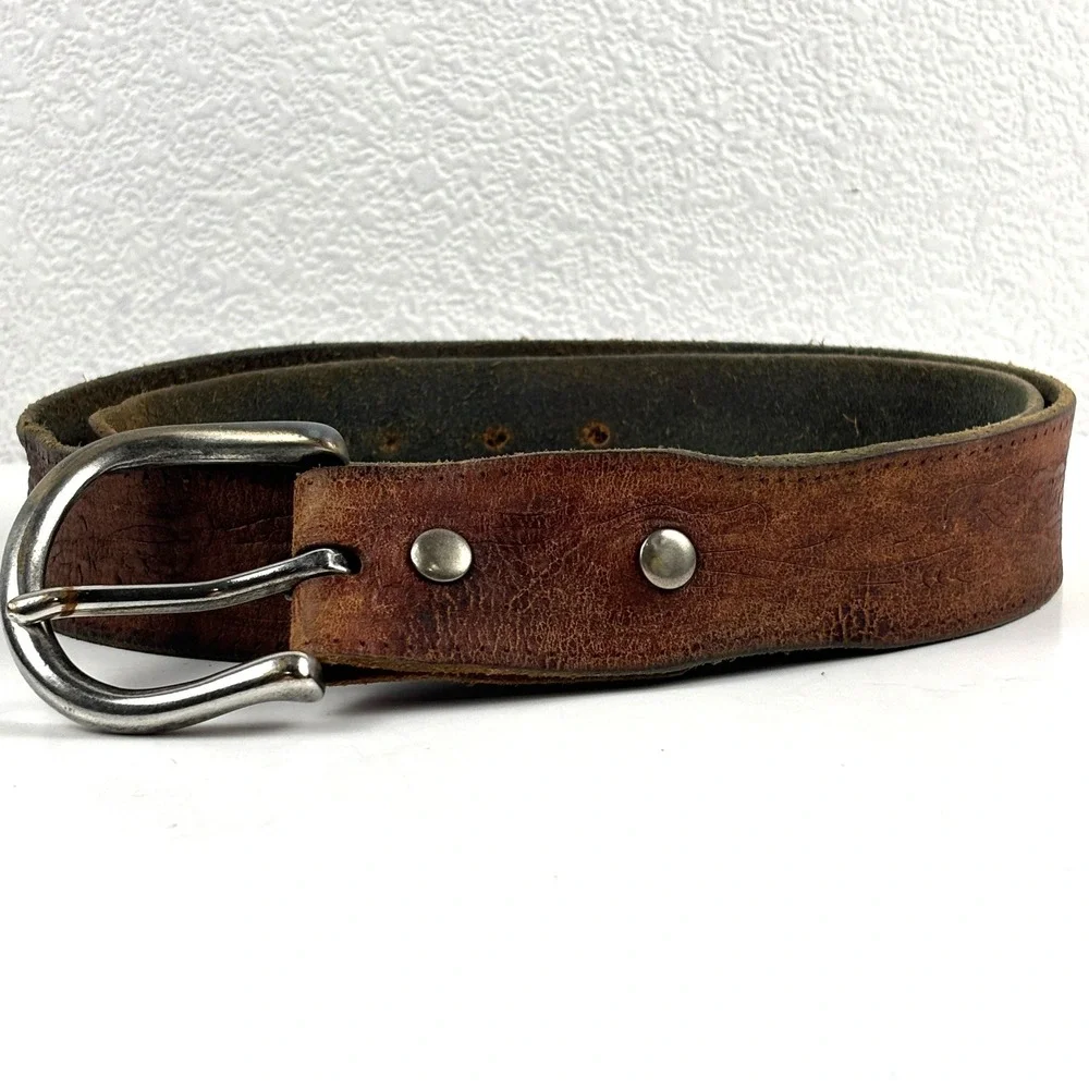 Tooled‎ Leather Belt Mens 32-38 Brown Western Floral Embossed Cowboy Tooled Vtg